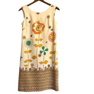 Chic Vintage Lounge Craft Floral Midi Dress - Cream with Multicolor Accents